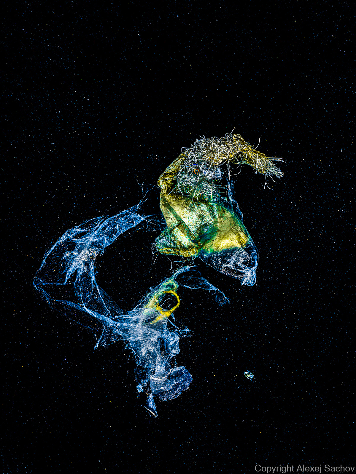 In 'Neptune's Steed', an equine silhouette, born of discarded plastic, leaps powerfully as if mid-gallop. A chilling reminder of our rampant waste, this aquatic specter echoes the wild spirit of an unnatural era.