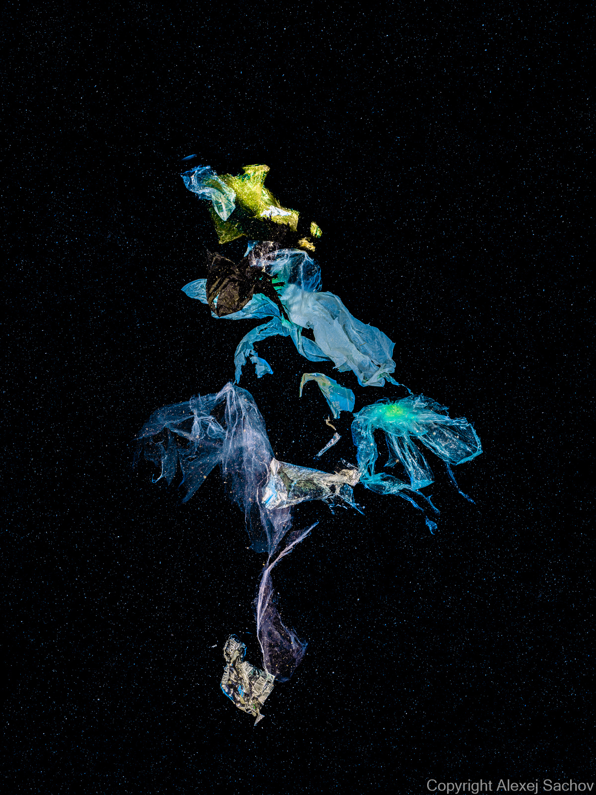 Within the ocean depths, the 'Ballerina' – a silhouette formed of plastic waste – performs an eerie dance. A testament to our disposable culture, she foreshadows a future filled with such haunting spectres.