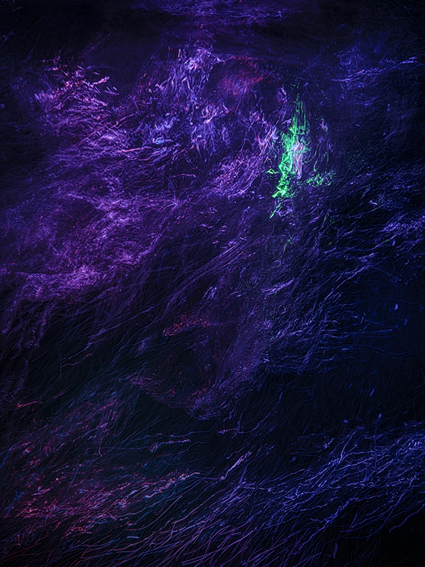 The True Magic #6 (2024) by Alexej Sachov, long-exposure night dive in the open sea, bubbles rising through beams of light. Resonant Light, Paris 2026.